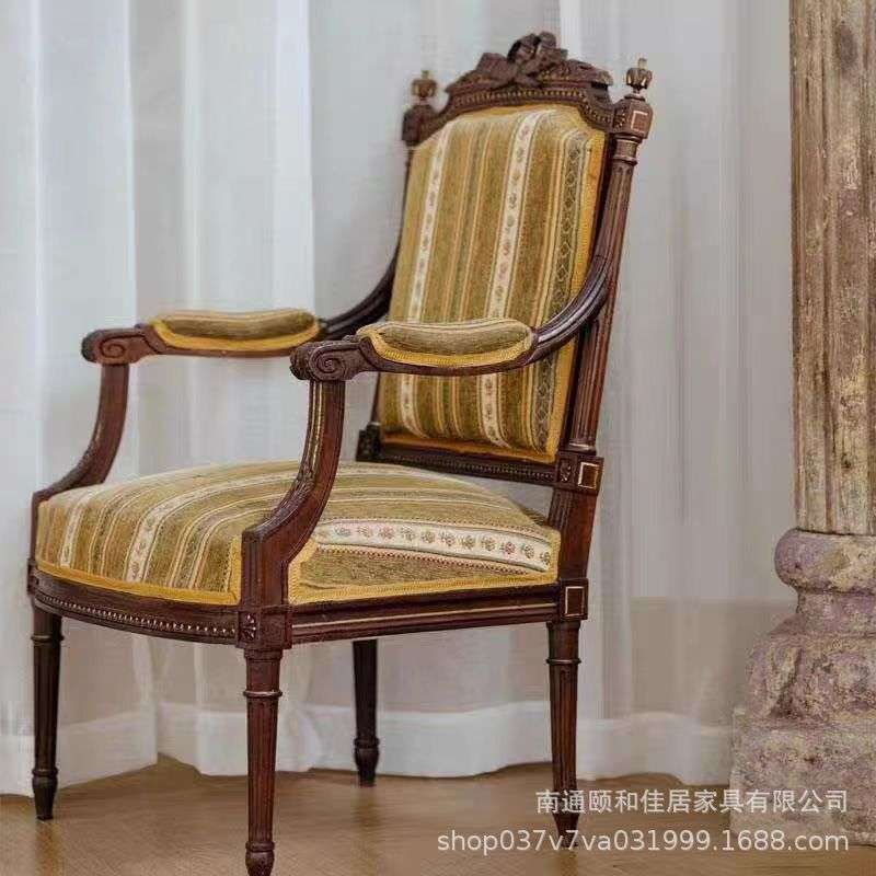 法式复古中国风实木雕花沙发椅美式新古典金色做旧印花宫廷休闲椅