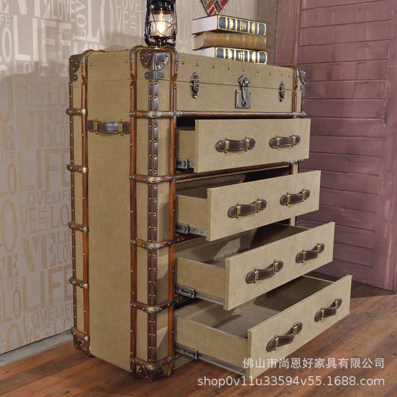 复古美式乡村LOFT工业风四抽柜子做旧帆布藤条设计师创意斗柜边几
