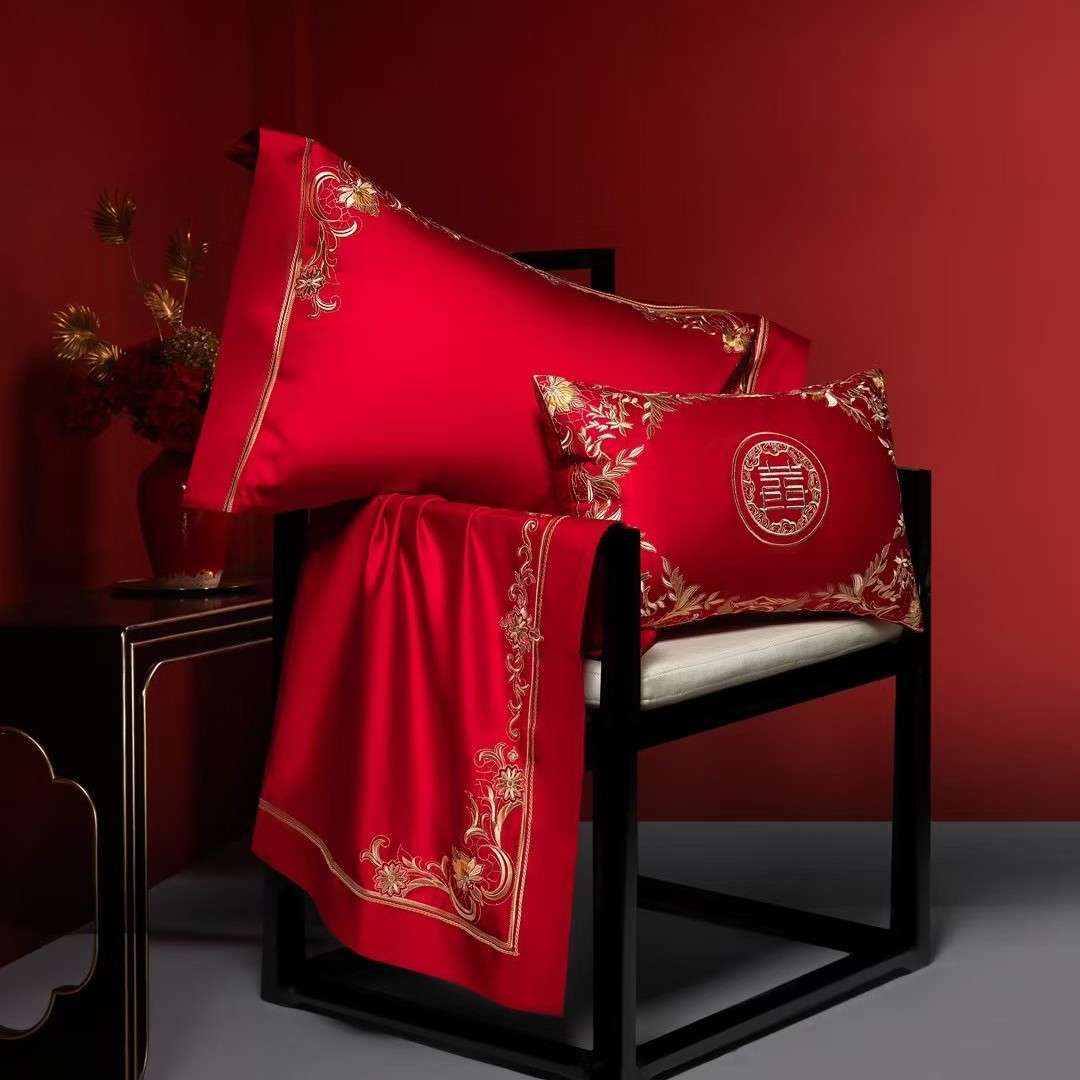 天丝棉结婚四件套婚庆中式高档床上用品陪嫁喜被刺绣六件套时尚