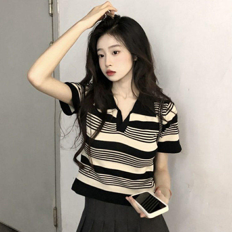 条纹polo领短袖T恤女大码夏季新款微胖妹妹遮肚洋气减龄正肩上衣