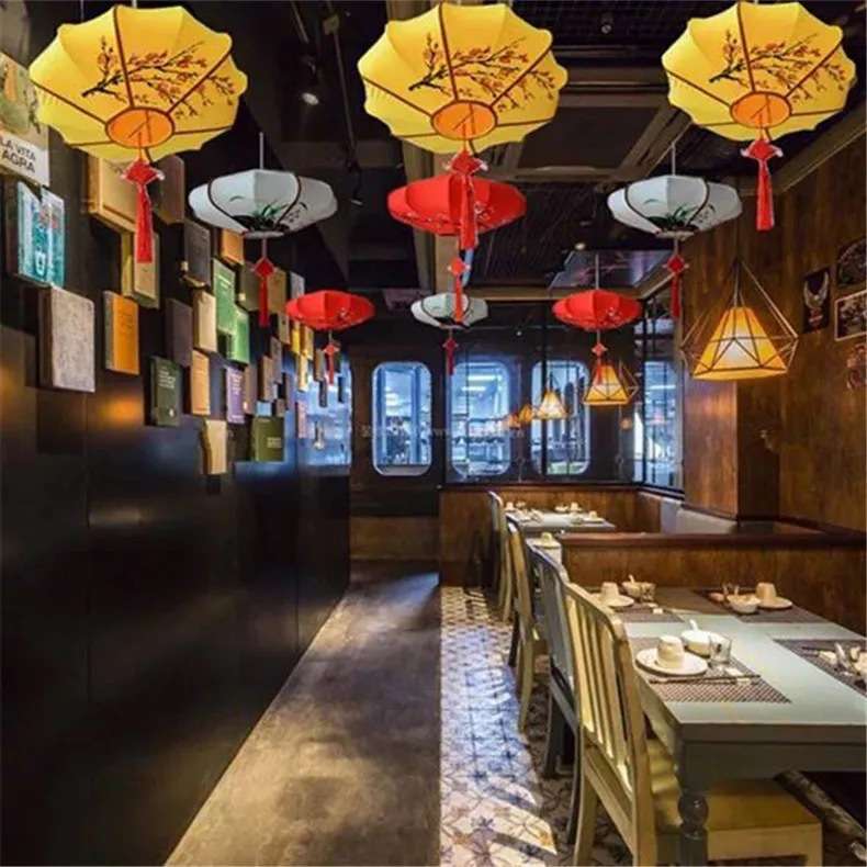 中式仿古吊灯弹力布艺飞碟手绘画灯笼餐厅工程酒店茶楼装饰异形灯