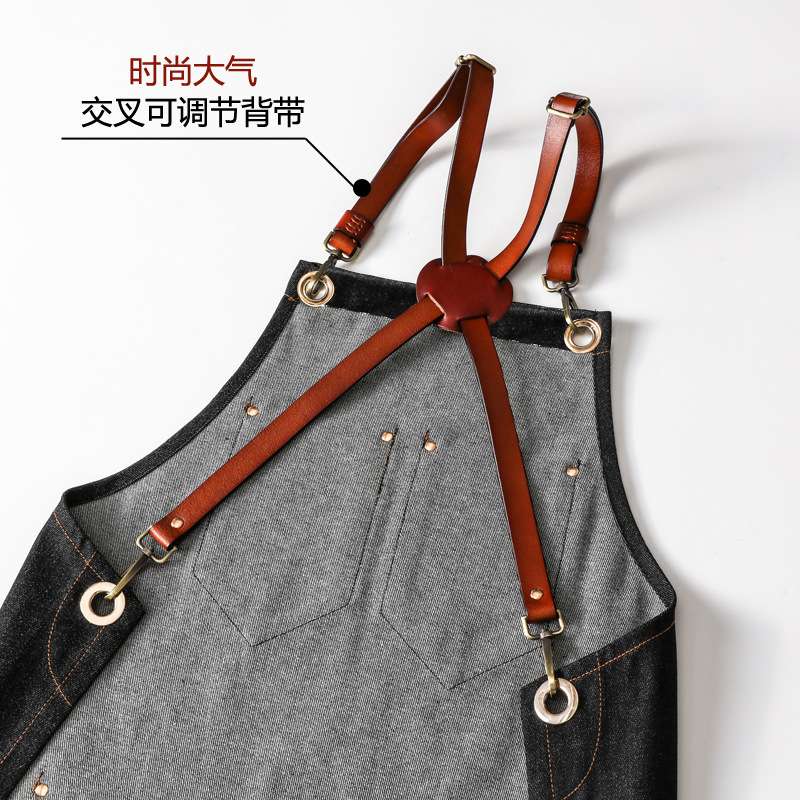 跨境牛仔围裙PU皮背带工作服咖啡师理发师亚马逊餐厅花艺工作围裙