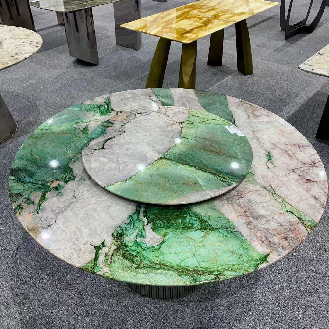 蒂夫尼绿色大理石圆桌转盘天然奢石餐桌茶几异形石材台面
