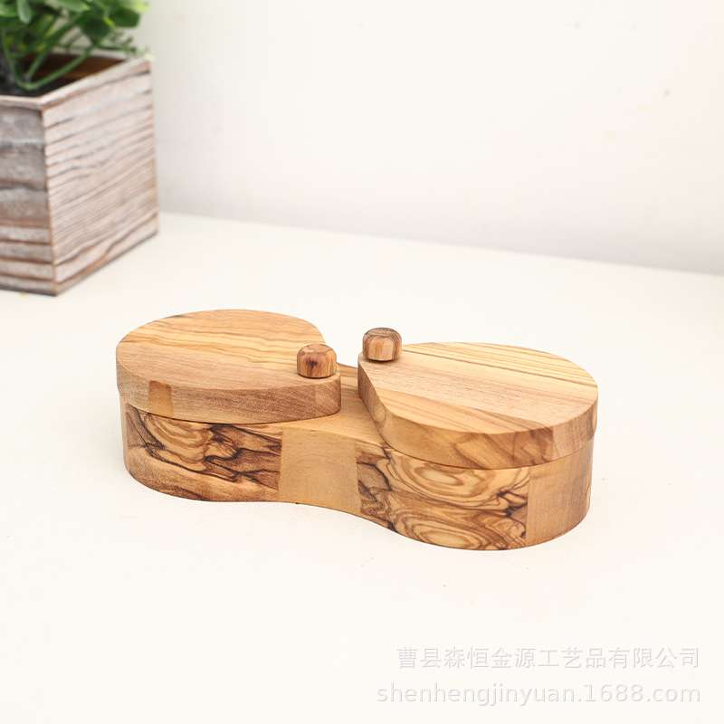 跨境厨房调味料分格收纳家用橄榄木固体调料器皿木制旋转盖调味盒