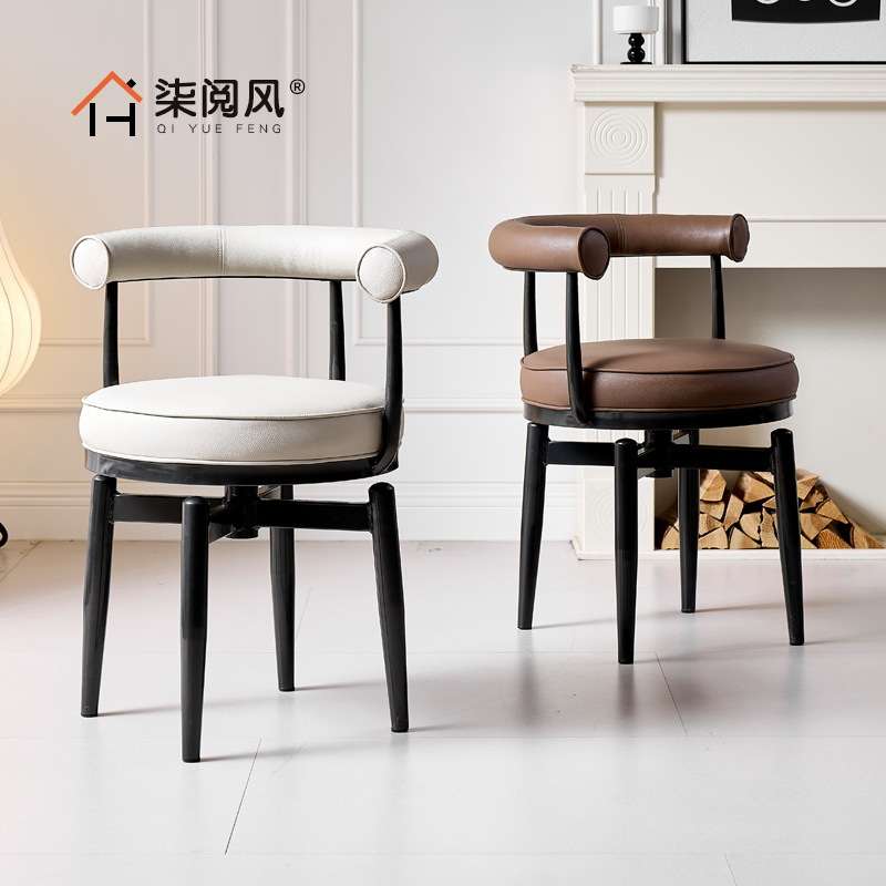中古铁艺可旋转餐椅家用弹簧坐垫软皮靠背凳子休闲单人办公书桌椅