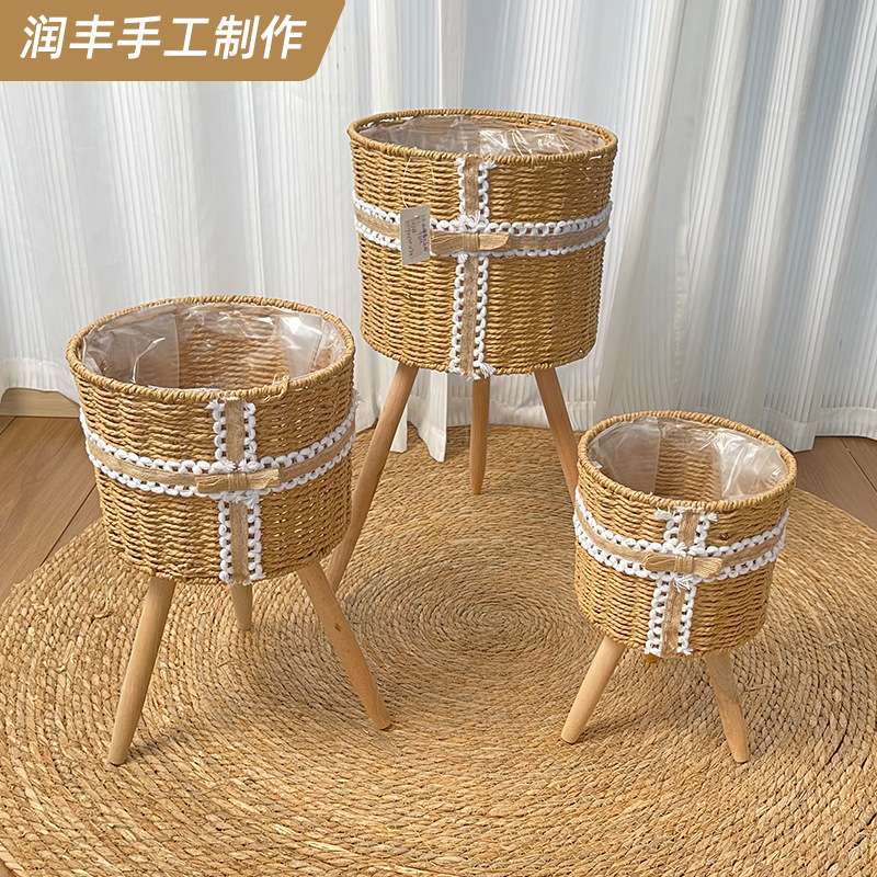 竹编花架藤编客厅阳台竹藤室内花盆架落地式植物花篮架子田园手工