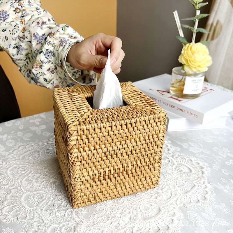 越南手工藤编纸巾盒家用办公桌客厅卫生间餐厅纸巾筒方形抽纸盒