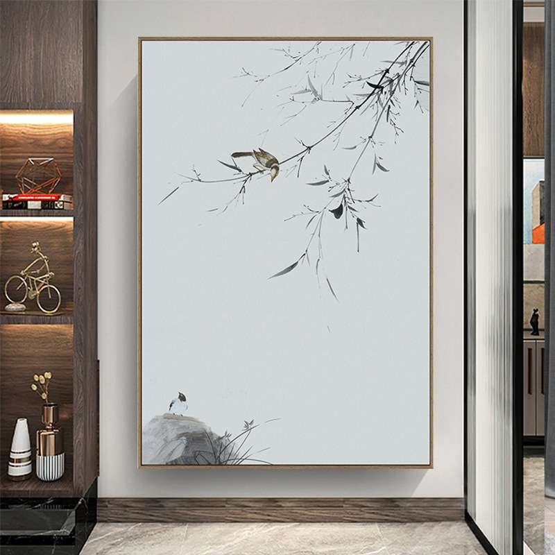 纯手绘油画新中式竹子入户挂画茶室禅意花鸟玄关装饰画书房艺术画