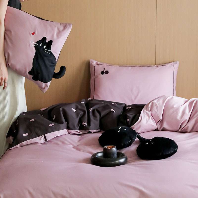 宠溺小猫女生可爱少女心全棉四件套 粉色毛巾绣纯棉床品2024新品