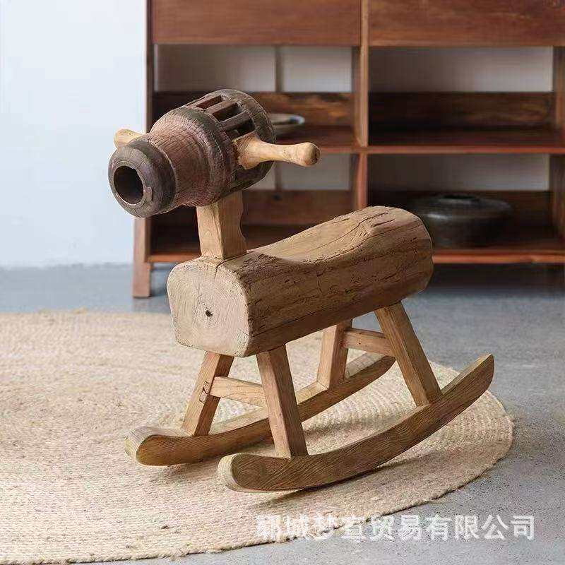 新中式老榆木摇摇椅儿童休闲摇晃凳实木木马凳庭院阳台休闲摇摇椅