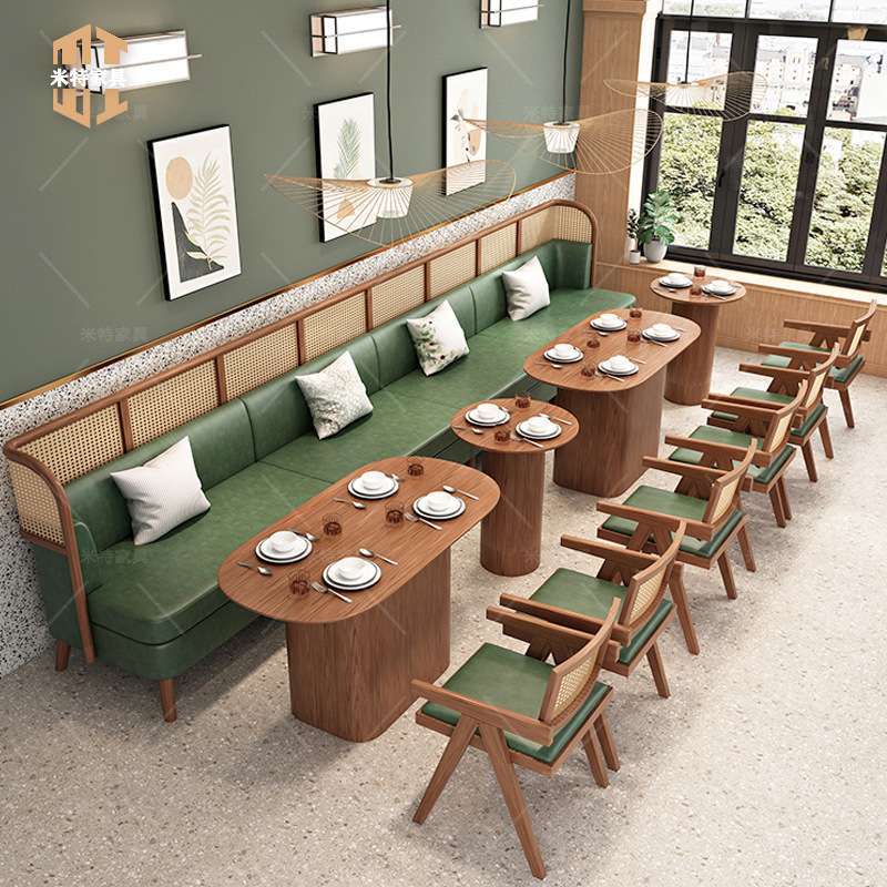 实木藤编西餐厅卡座沙发奶茶店港式茶餐厅咖啡小吃连锁店桌椅组合