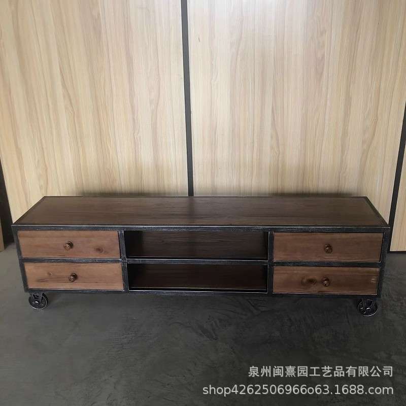 美式复古铁艺实木电视柜工业风小户型卧室客厅移动视听柜矮柜地柜