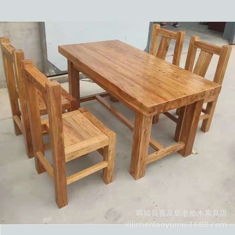 实木快餐店桌椅老榆木茶桌火锅店桌子风化大板桌餐厅饭店桌椅套装