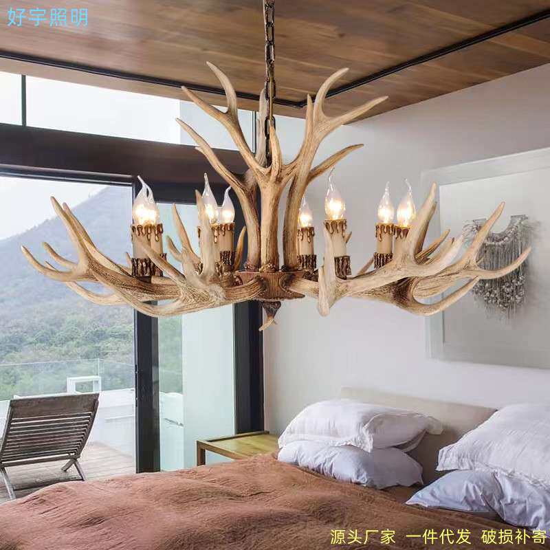 跨境美式鹿角灯北欧工业风火锅店民宿餐厅白色复古树脂灯鹿角吊灯