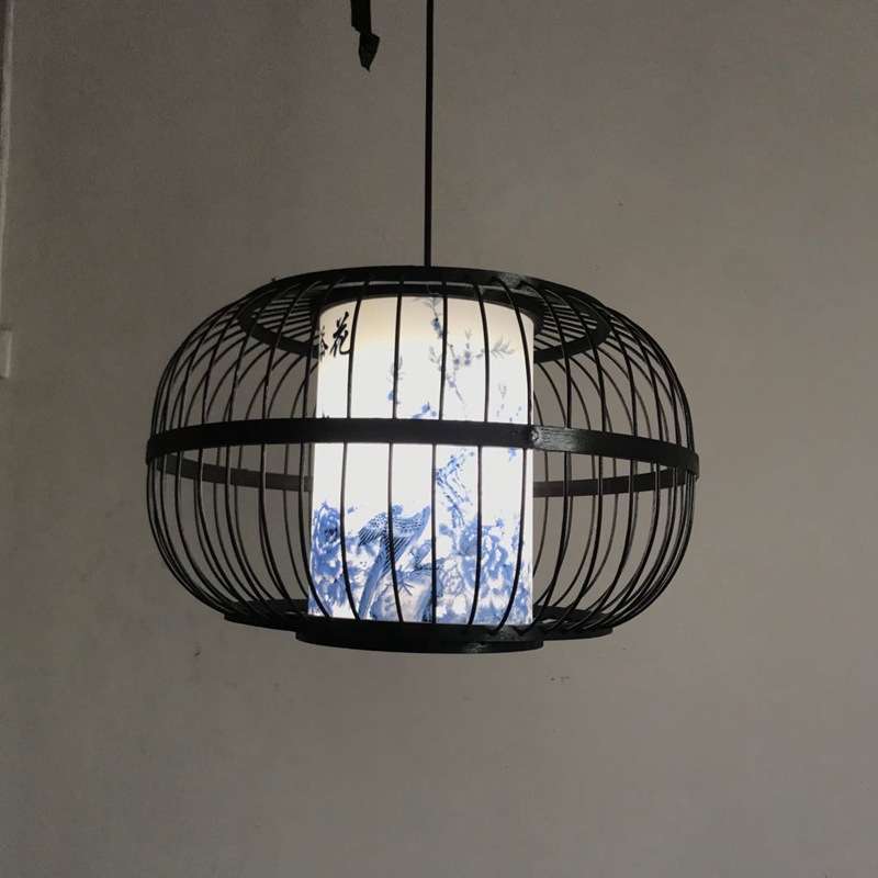 日式竹编灯竹艺餐厅吊灯中式禅意黑色竹丝灯笼餐厅吊灯铁丝吊灯