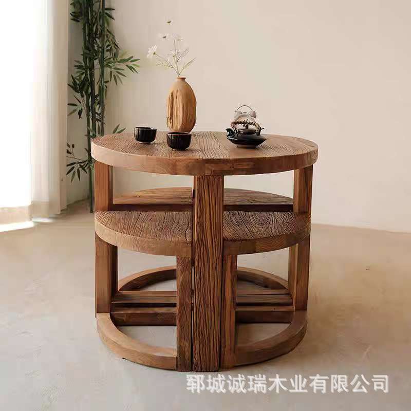 实木圆桌餐椅组合扇形堆叠凳小户型可收纳餐桌老榆木圆形洽谈桌子