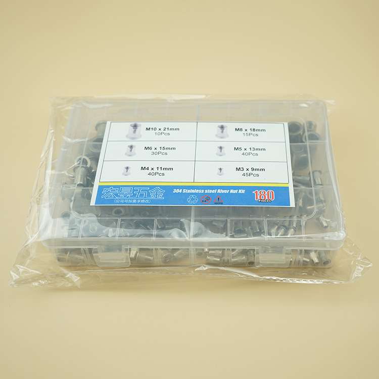 180pcs 304不锈钢圆柱竖纹平头铆螺母套装M3-M10盒装套装