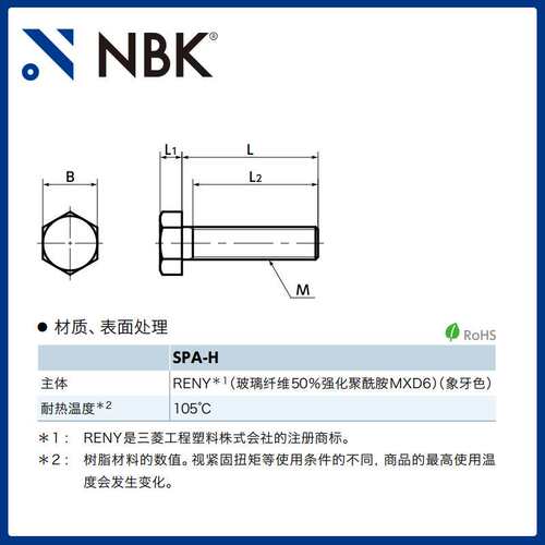 NBK SPA-H 树脂螺丝RENY六角螺栓 高强度 M5~M16 紧固件螺栓螺丝