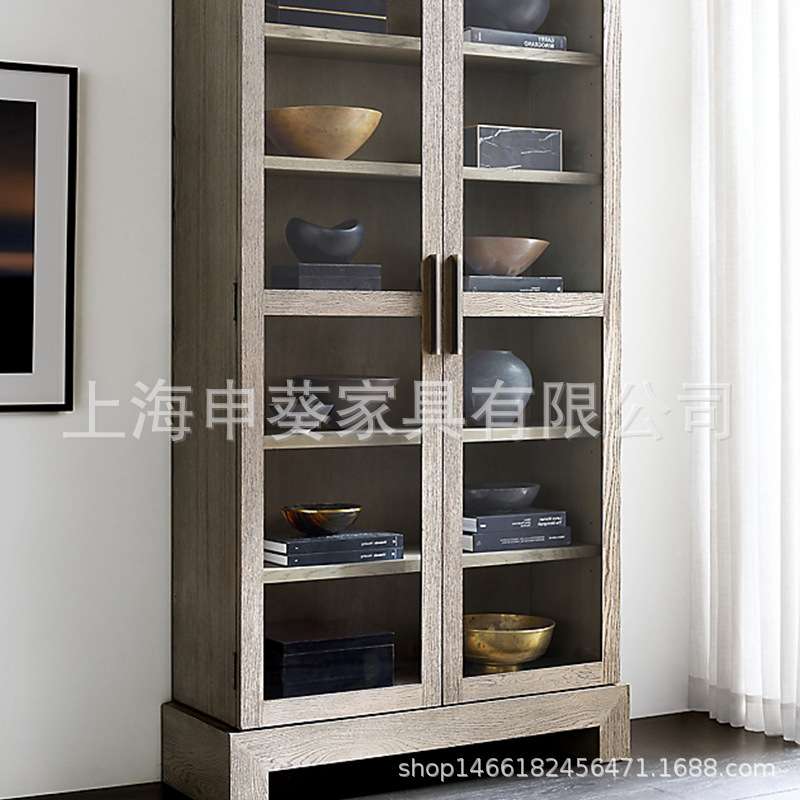 美式乡村实木办公书柜法式别墅客厅复古储物柜餐边柜橡木做旧书柜