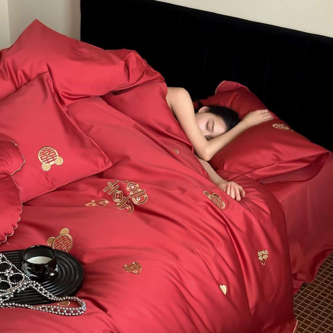 100S纯棉长绒棉四件套喜庆床单被套床品结婚红色陪嫁婚庆简约全棉