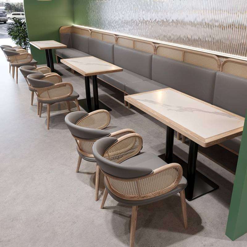 餐厅饭店奶茶店桌椅组合商用实木藤编餐饮店卡座沙发简约风卡座
