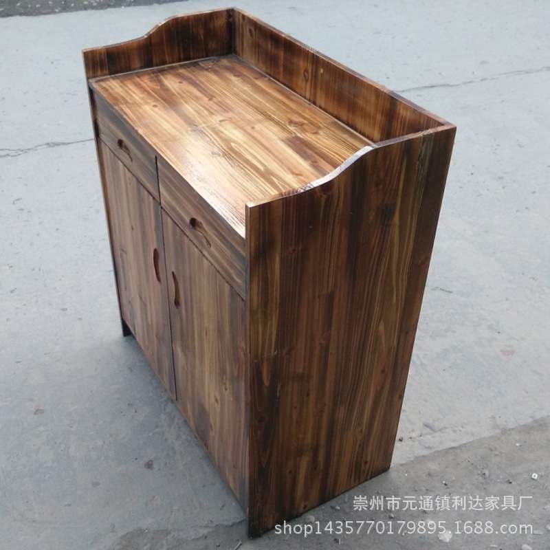 多层板实木餐边柜农家乐简易茶水柜双开门储物柜碳化色木质餐边柜