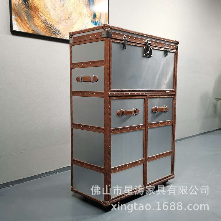 美式斗柜复古整装loft工业风储物柜铝皮全皮翻盖餐边柜收纳柜子