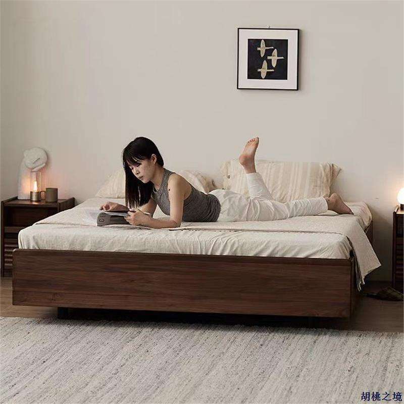 北欧黑胡桃木实木箱体床日式小户型无床头腾空气压储物床樱桃木床