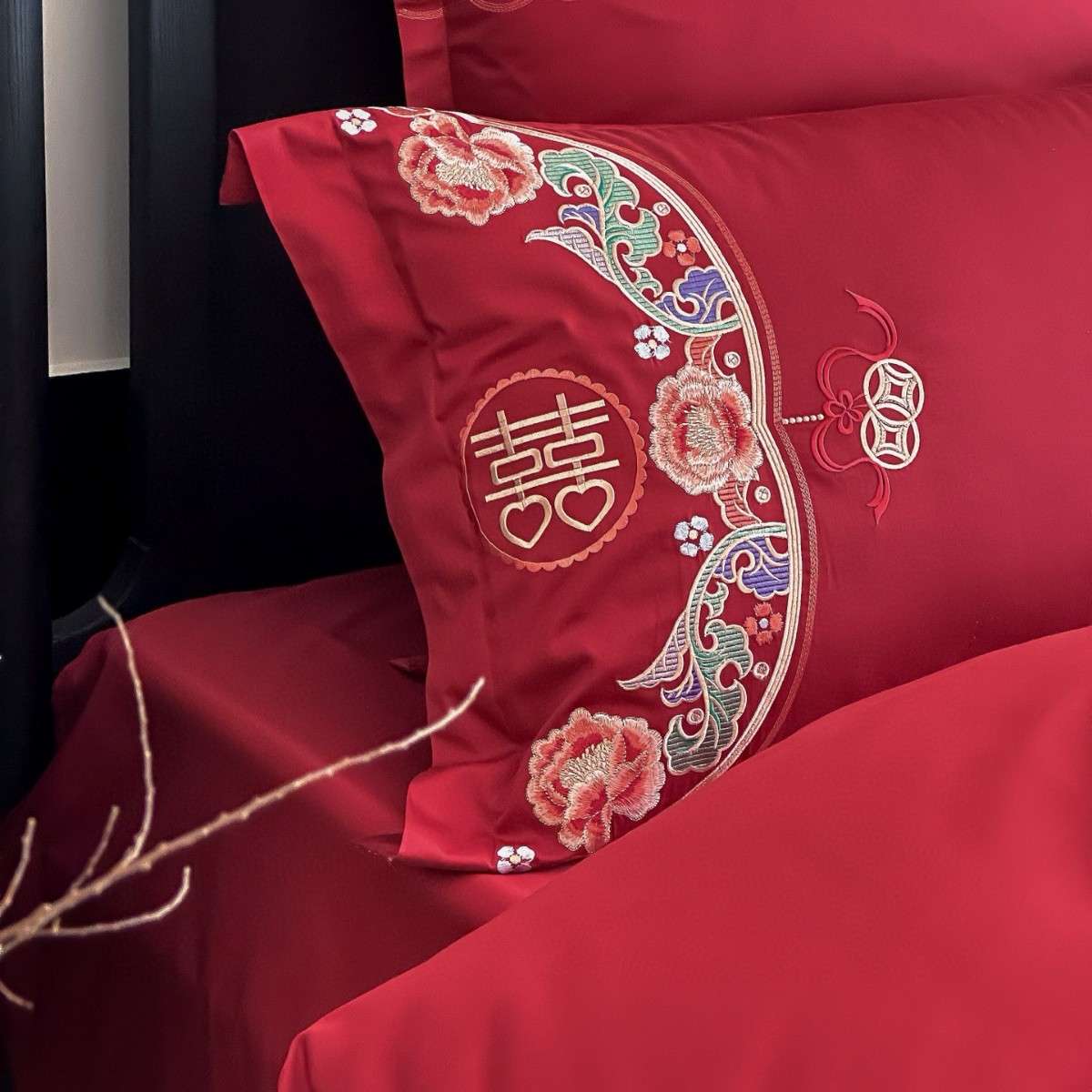 结婚四件套红色婚庆被套床单纯棉床上用品喜被陪嫁简约时尚4件套