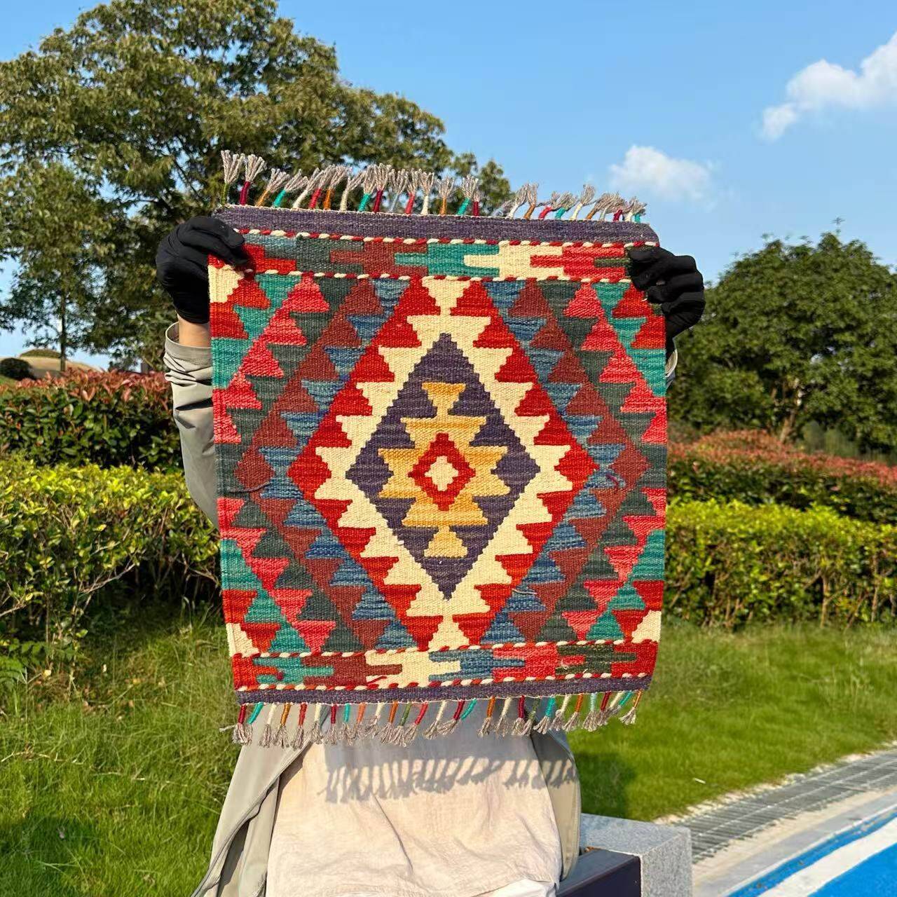 溥畔年 宠粉阿富汗羊毛手工地毯小方毯装饰毯50*50左右