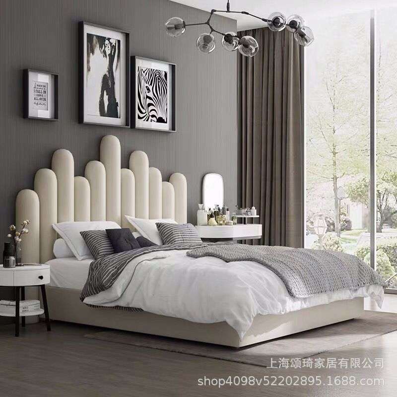 北欧布艺手指高靠背粉色公主儿童床大圆床婚床样板间简约双人床