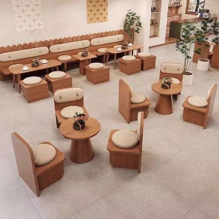 现代卡座沙发奶茶店桌椅组合咖啡厅复古餐桌商用餐饮茶楼靠墙座椅