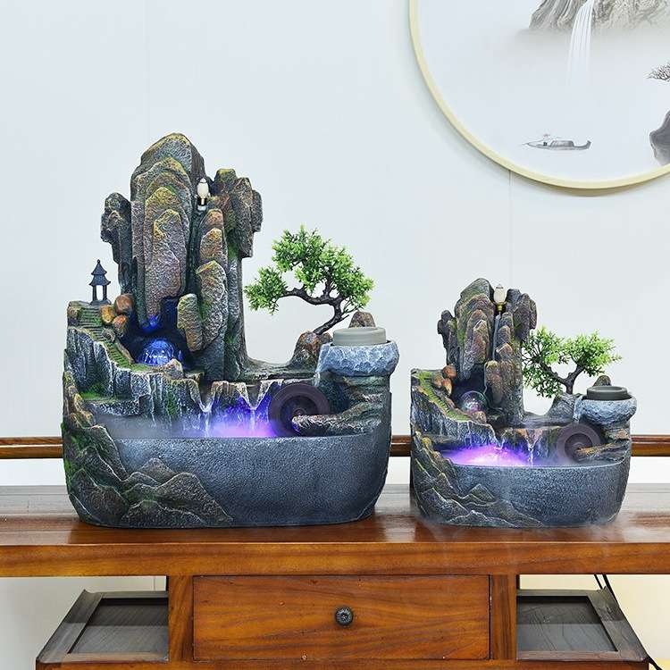 高山流水摆件假山景观喷泉客厅水车风水轮招财室内装饰品循环水景
