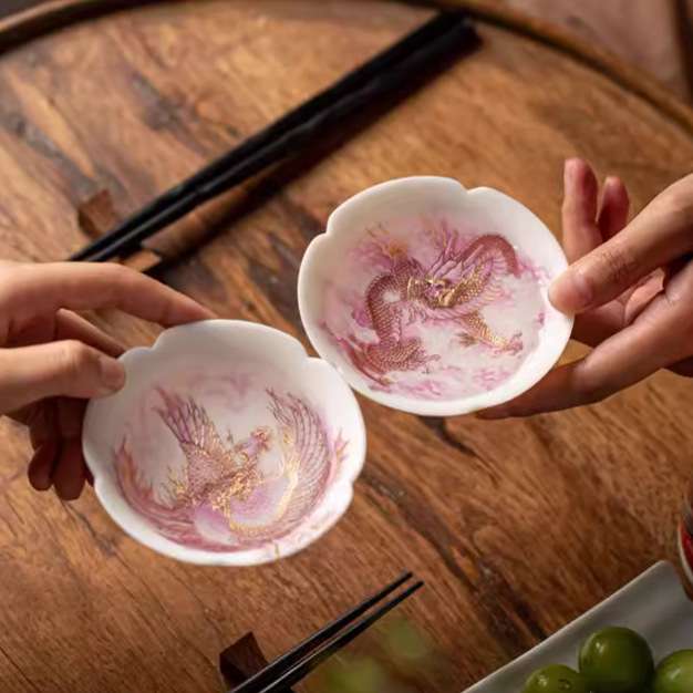 素烧羊脂玉龙凤对杯斗笠杯茶碗陶瓷主人杯高端白瓷普洱茶杯单杯