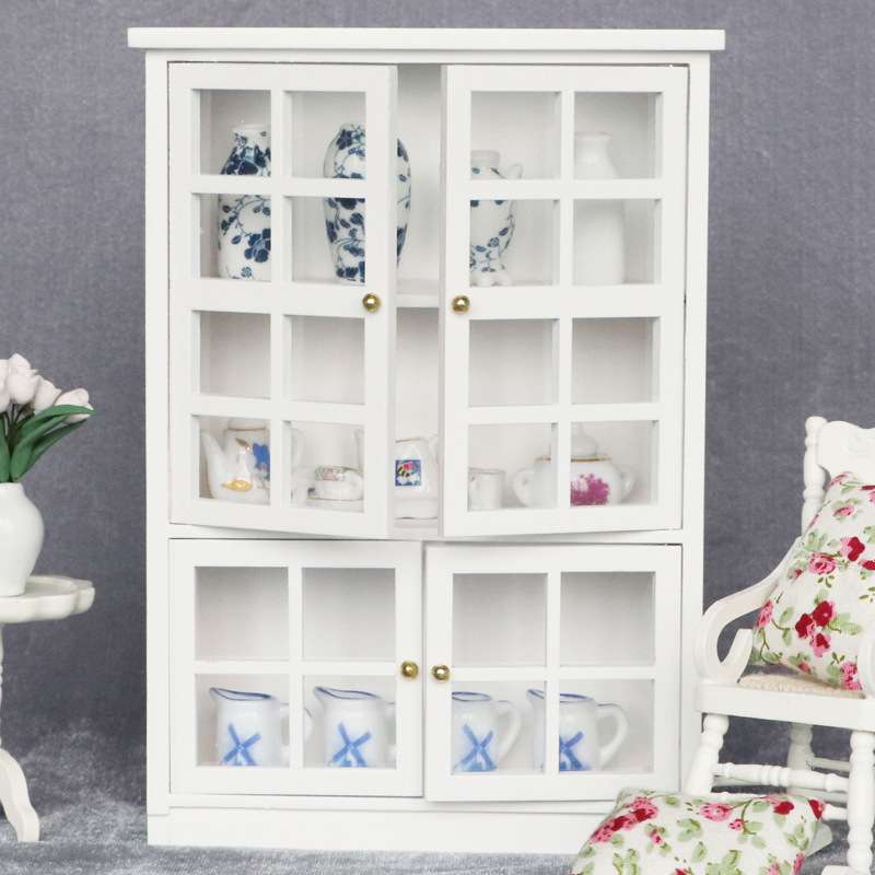 1:12娃娃屋dollhouse迷你家具微场景摆件微缩展示柜白色四门柜