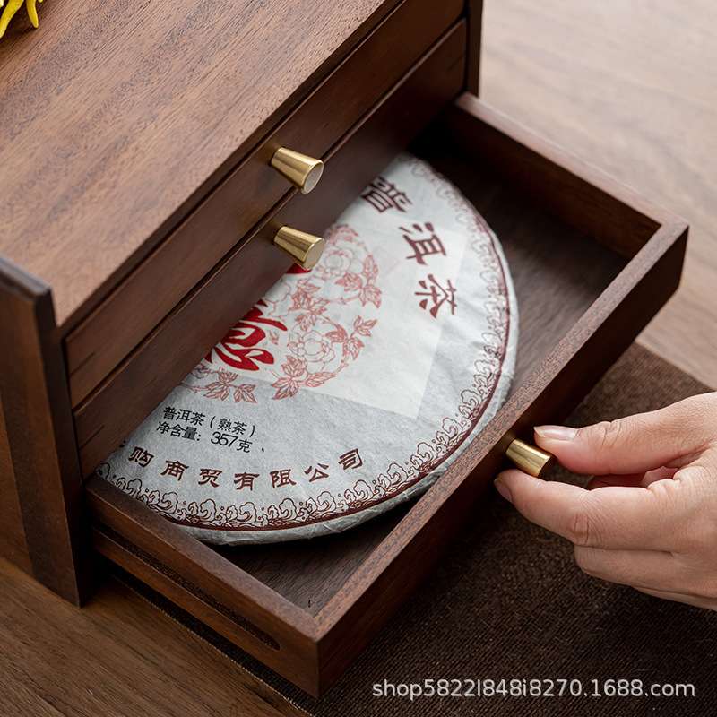 胡桃木普洱茶盒多层实木抽屉式木制白茶饼收纳盒储物茶盒黑胡桃