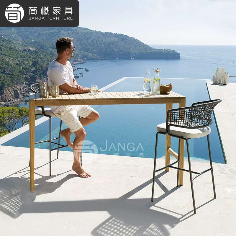 户外别墅露台高脚架桌椅藤编吧台椅露天阳台庭院靠背椅酒吧金属桌