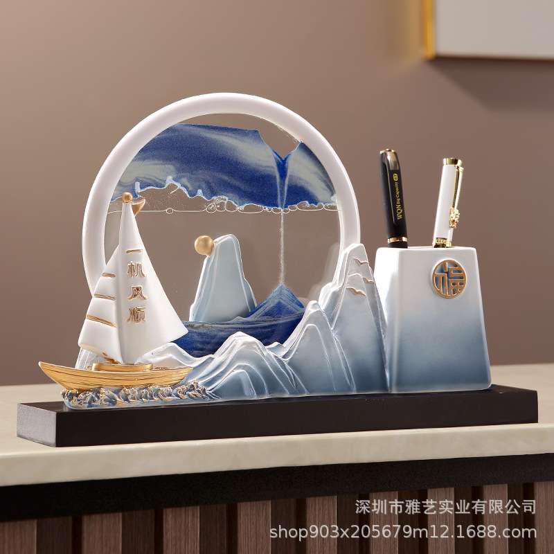 创意书房倒流家居新中式玄关客厅流沙摆件笔筒 树脂工艺品装饰