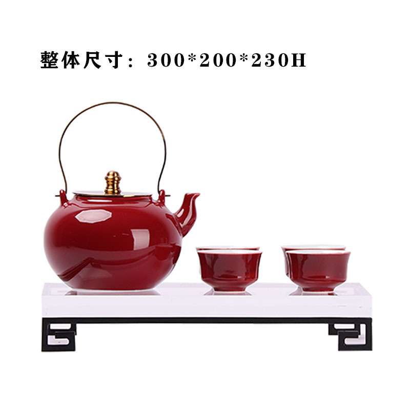 创意新中式禅意红色白色陶瓷提梁壶茶具桌面组合茶室套装艺术摆件