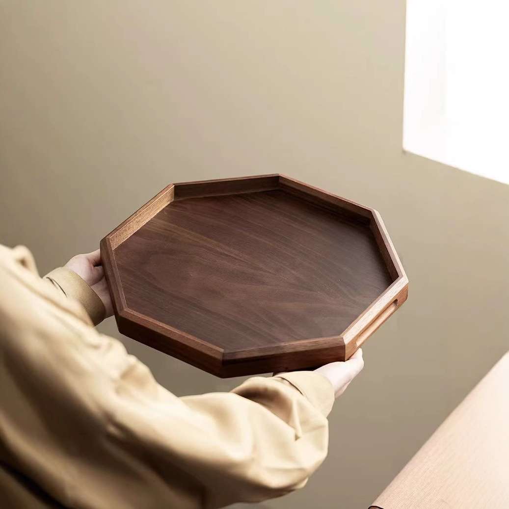 胡桃木色托盘家用八角形茶点盘茶杯餐厅茶具收纳盘实木餐盘