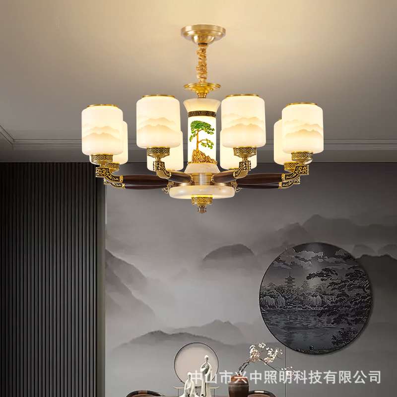 新中式全铜实木吊灯客厅灯古典中国风别墅大厅楼梯餐厅茶室纯铜灯
