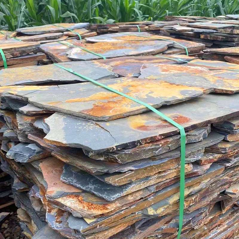 不规则锈色碎拼板片石板户外墙砖仿古文化石园林铺路地铺石片