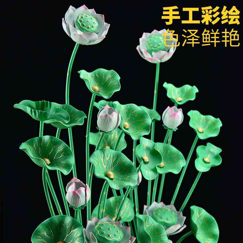 佛前莲花仿真花纯铜鎏金莲花灯供奉金花供花彩绘供瓶供奉摆件大号