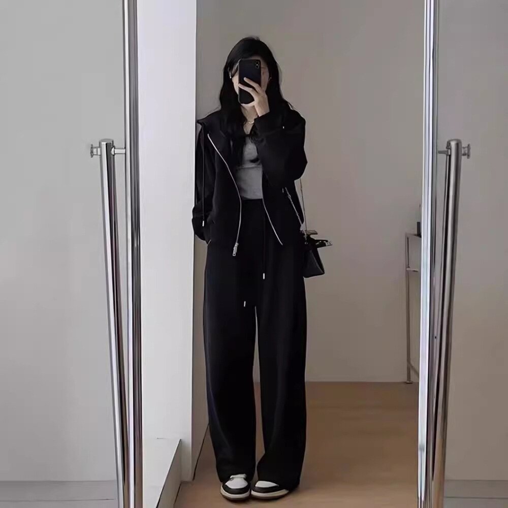 秋冬女连帽卫衣阔腿裤运动套装