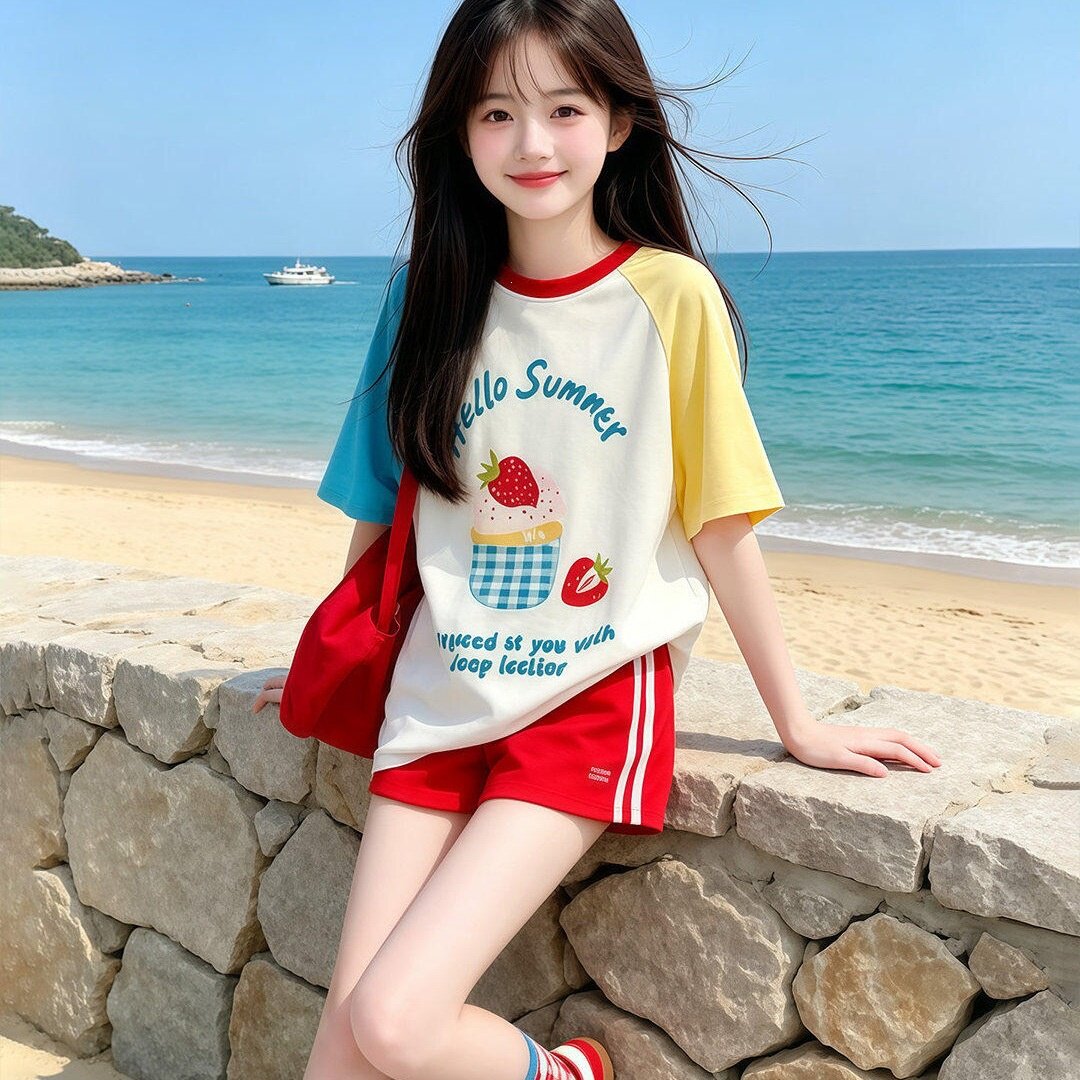 女童夏季多巴胺甜美短袖短裤套装