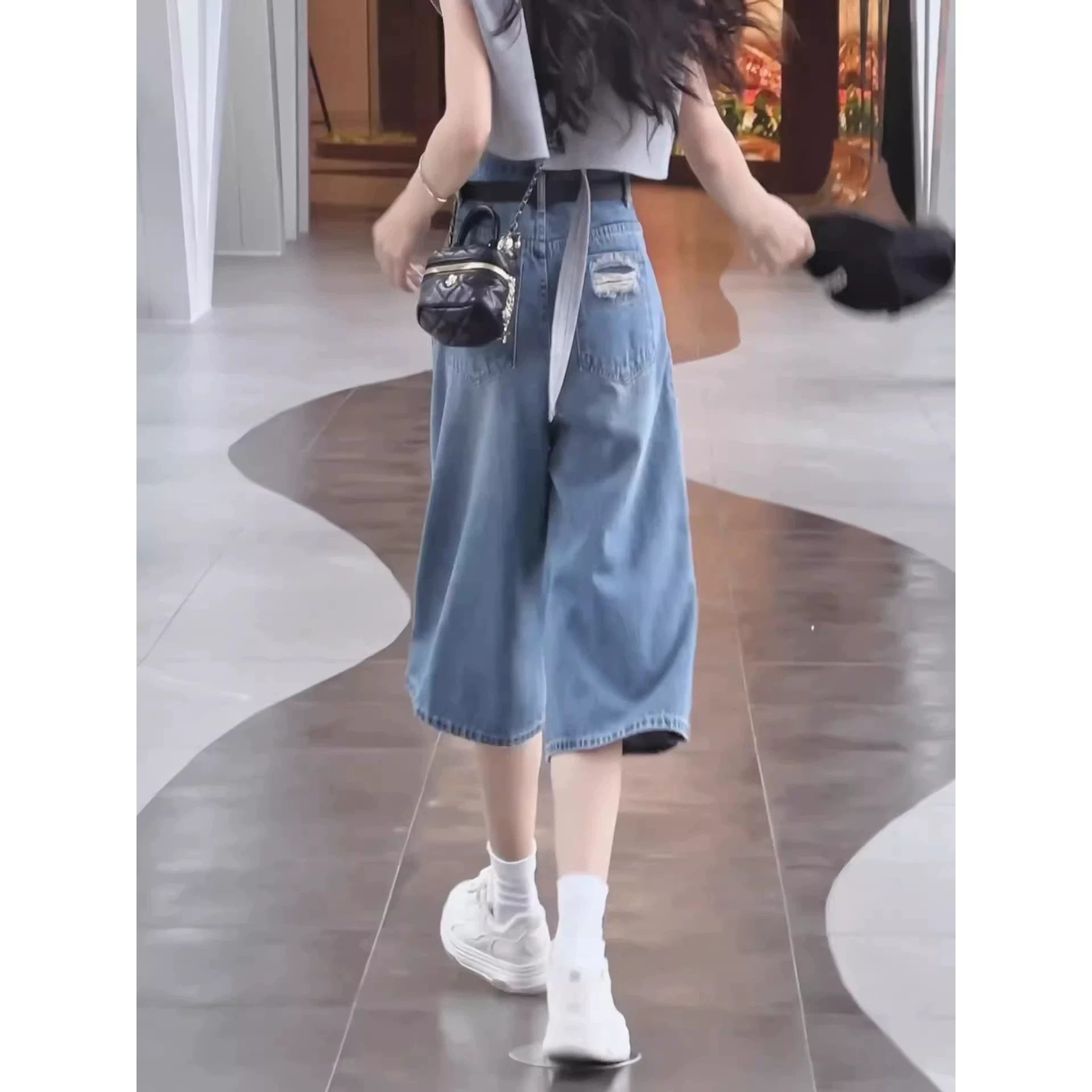 复古破洞高腰阔腿牛仔短裤七分裤