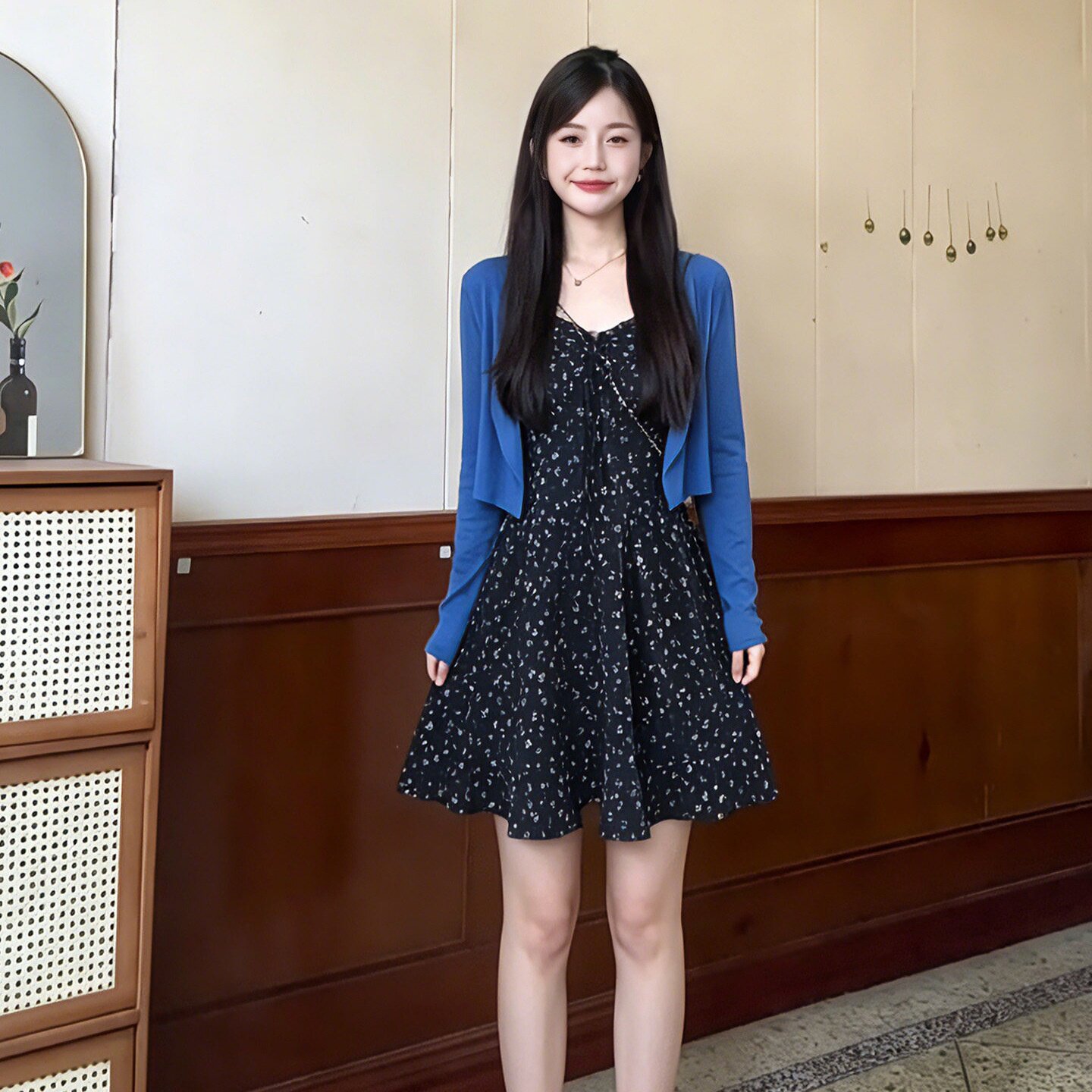 夏季碎花吊带开衫两件套连衣裙