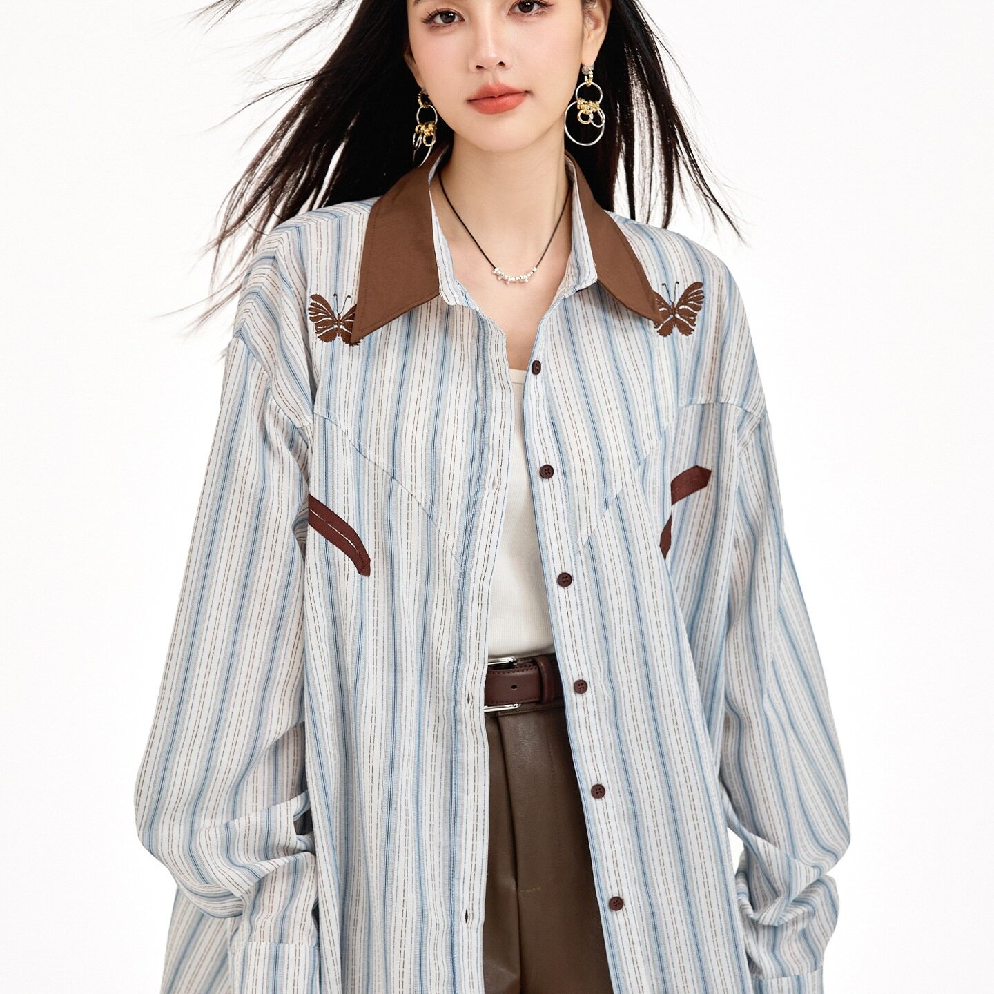秋季女宽松防晒蓝条纹衬衫外套