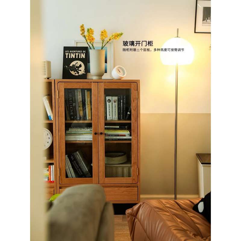 实木组合书柜落地书架玻璃门展示柜樱桃木餐边多功能储物黄杨木