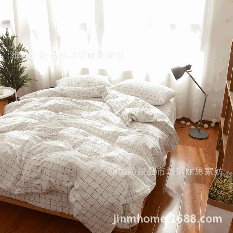 床上用品INS网红水洗棉四件套 床单被罩方格简约人文主义一件代发